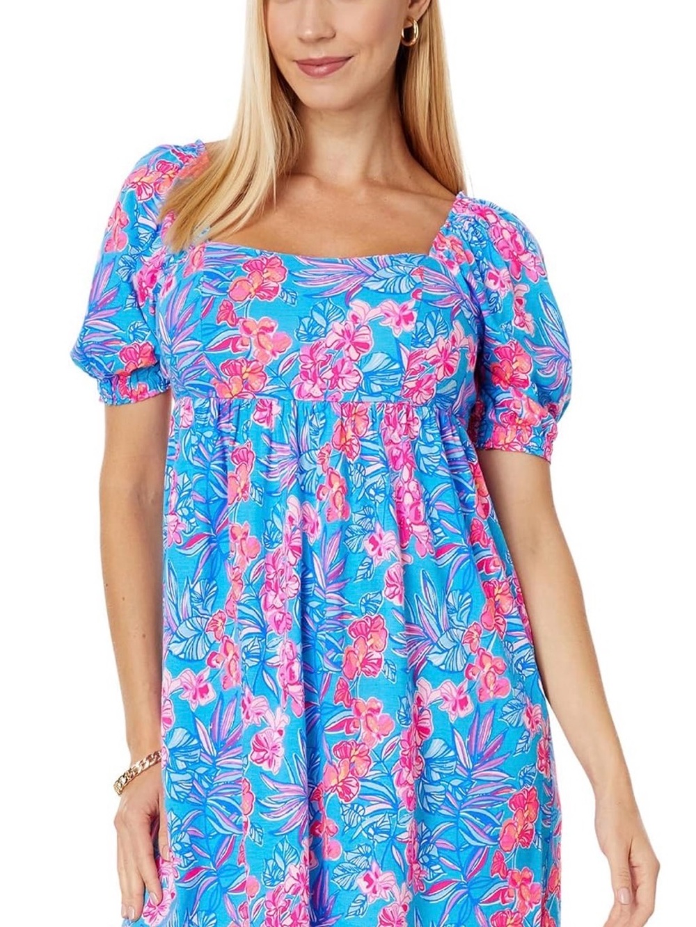 Lilly Pulitzer Blue Floral Square-Neck Mini Dress with Puff Sleeves